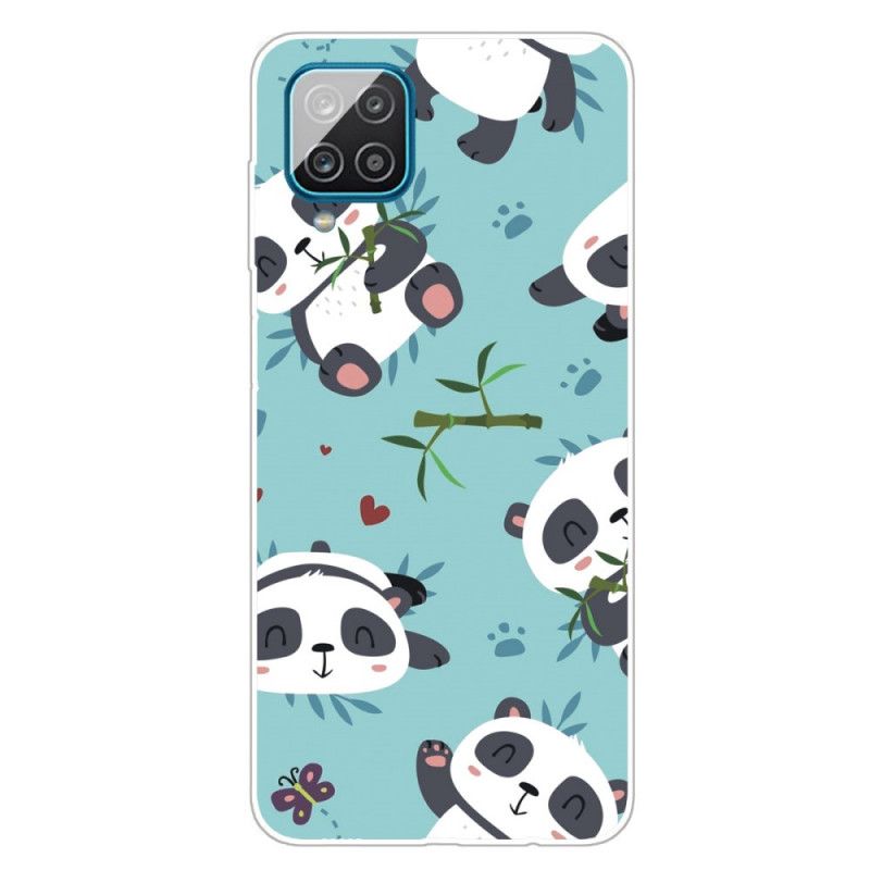 Cover Hoesje Samsung Galaxy A12 Lichtblauw Groen Telefoonhoesje Stapel Panda'S