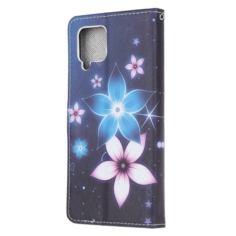 Flip Case Leren Samsung Galaxy A12 Maanbloemen Met String