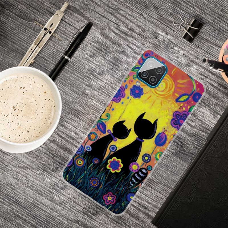 Hoesje Samsung Galaxy A12 Geel Zwart Tekenfilmkat