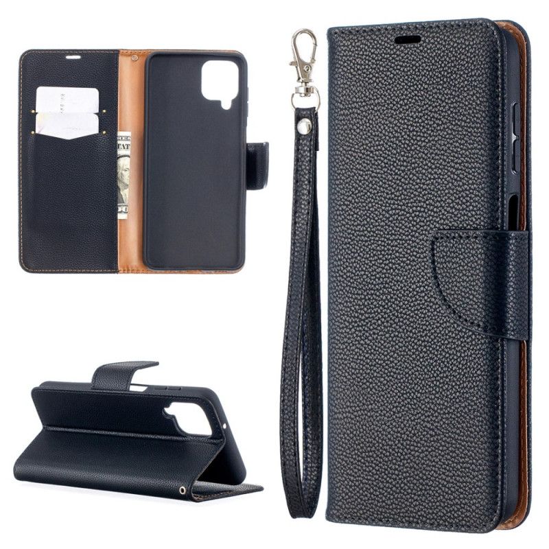 Leren Hoesje voor Samsung Galaxy A12 Grijs Zwart Lychee Schuine Flap