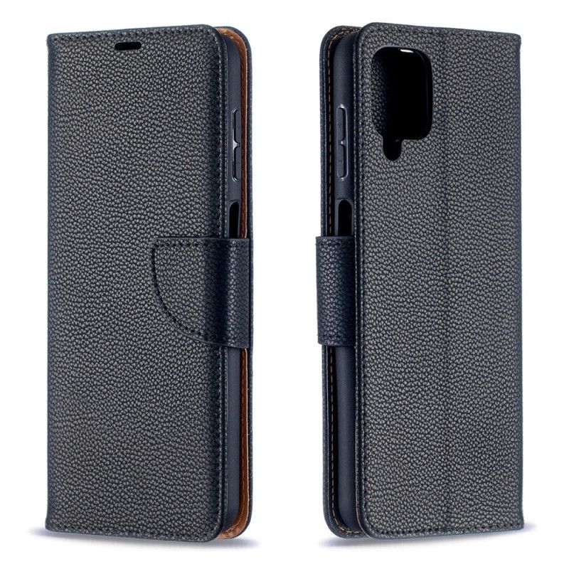Leren Hoesje voor Samsung Galaxy A12 Grijs Zwart Lychee Schuine Flap