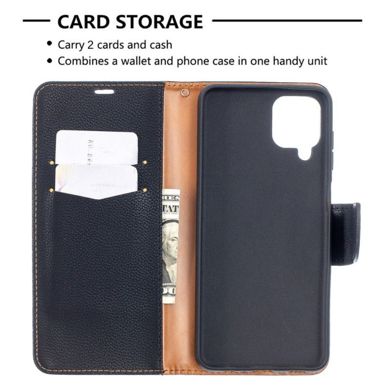 Leren Hoesje voor Samsung Galaxy A12 Grijs Zwart Lychee Schuine Flap