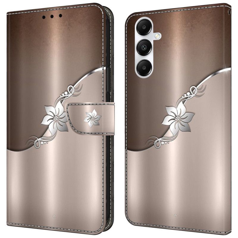 Leren Hoesje Voor Samsung Galaxy A55 5g Zilveren Bloem