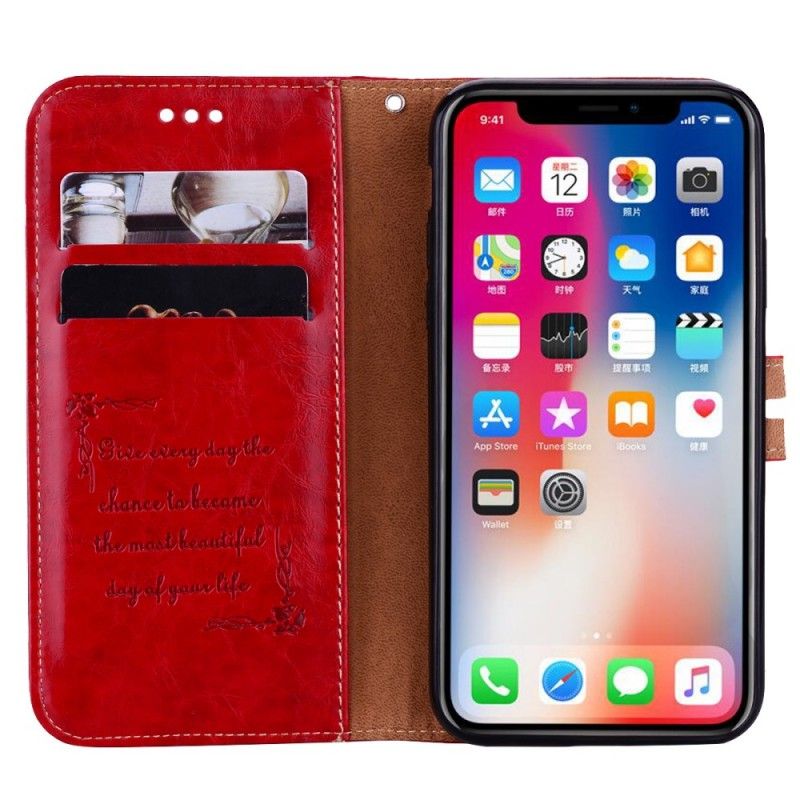 Flip Case Leren iPhone XS Rood Zwart Hoed Met Leereffect Prins Oliewas