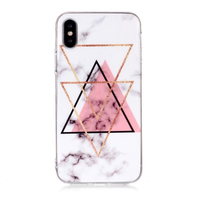 Hoesje iPhone XS Roze Zwart Driehoekig Marmer
