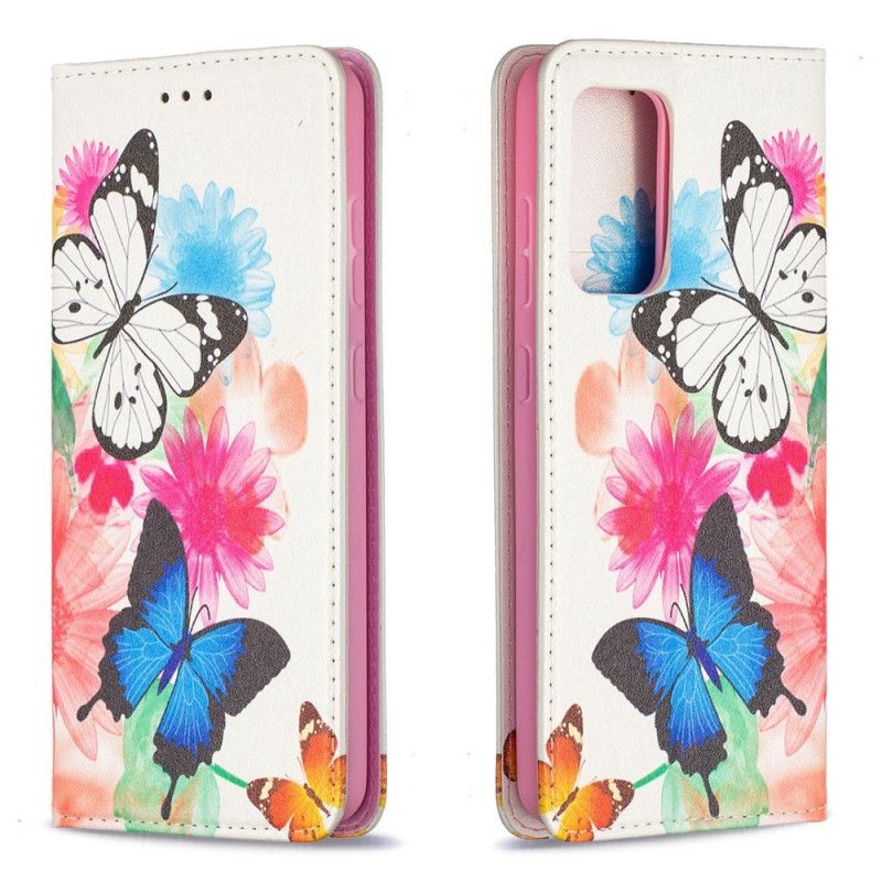 Folio-hoesje Samsung Galaxy A52 4G / A52 5G Lichtblauw Wit Kleurrijke Vlinders
