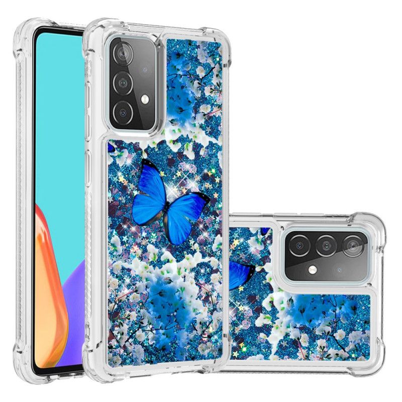 Hoesje voor Samsung Galaxy A52 4G / A52 5G Blauwe Glittervlinders