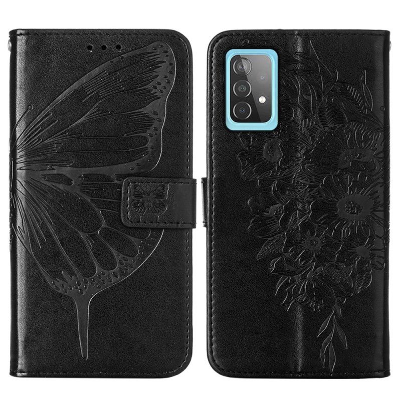 Leren Hoesje voor Samsung Galaxy A52 4G / A52 5G Grijs Zwart Design Vlinder Met Riempje
