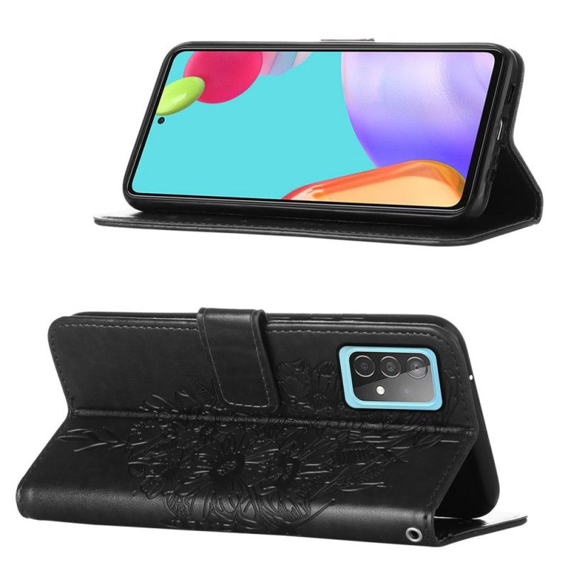 Leren Hoesje voor Samsung Galaxy A52 4G / A52 5G Grijs Zwart Design Vlinder Met Riempje