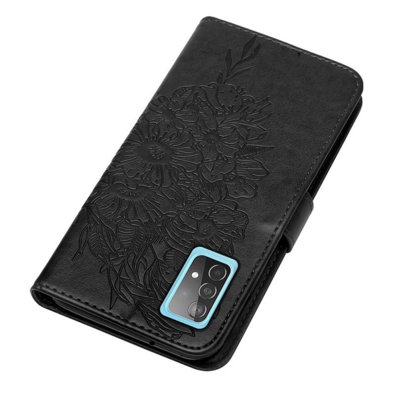 Leren Hoesje voor Samsung Galaxy A52 4G / A52 5G Grijs Zwart Design Vlinder Met Riempje