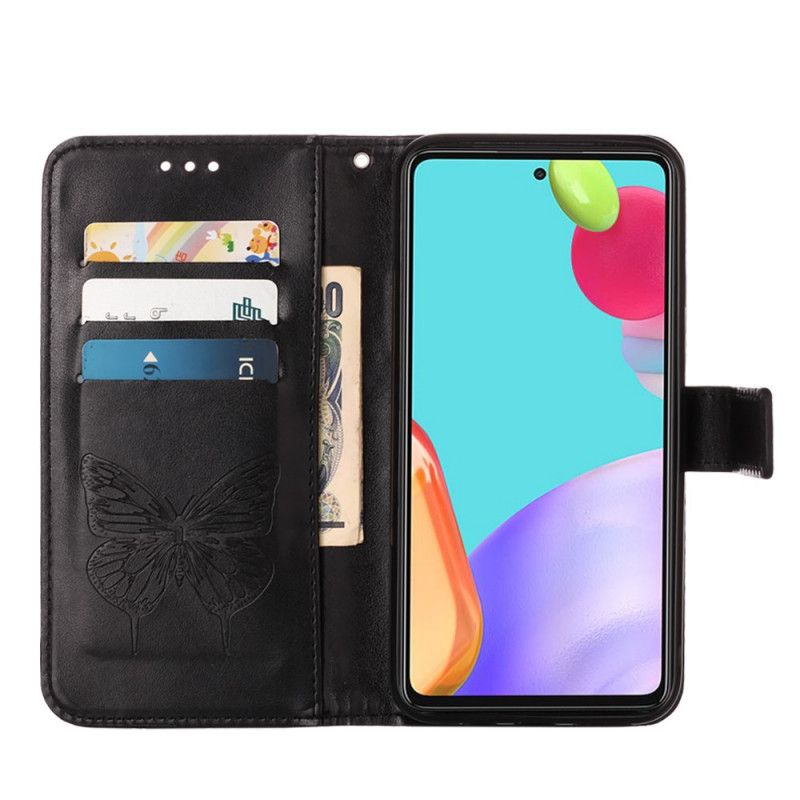 Leren Hoesje voor Samsung Galaxy A52 4G / A52 5G Grijs Zwart Design Vlinder Met Riempje
