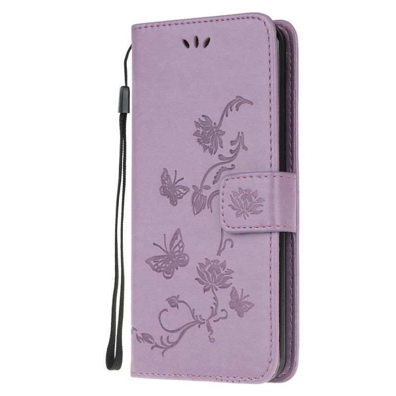 Leren Hoesje voor Samsung Galaxy A52 4G / A52 5G Grijs Zwart Vlinders En Stringbloemen