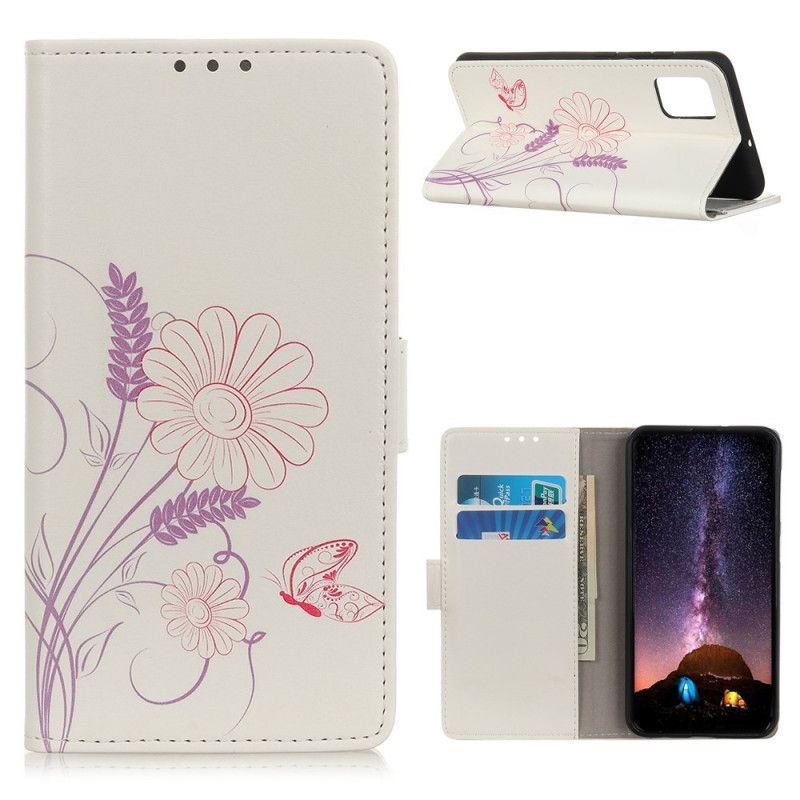 Leren Hoesje voor Samsung Galaxy A52 4G / A52 5G Vlinders En Bloemen Tekenen