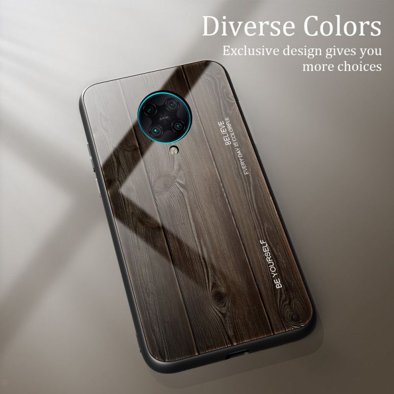 Hoesje Xiaomi Poco F2 Pro Grijs Zwart Houtdessin Gehard Glas