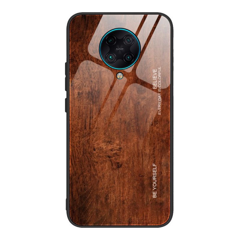 Hoesje Xiaomi Poco F2 Pro Grijs Zwart Houtdessin Gehard Glas