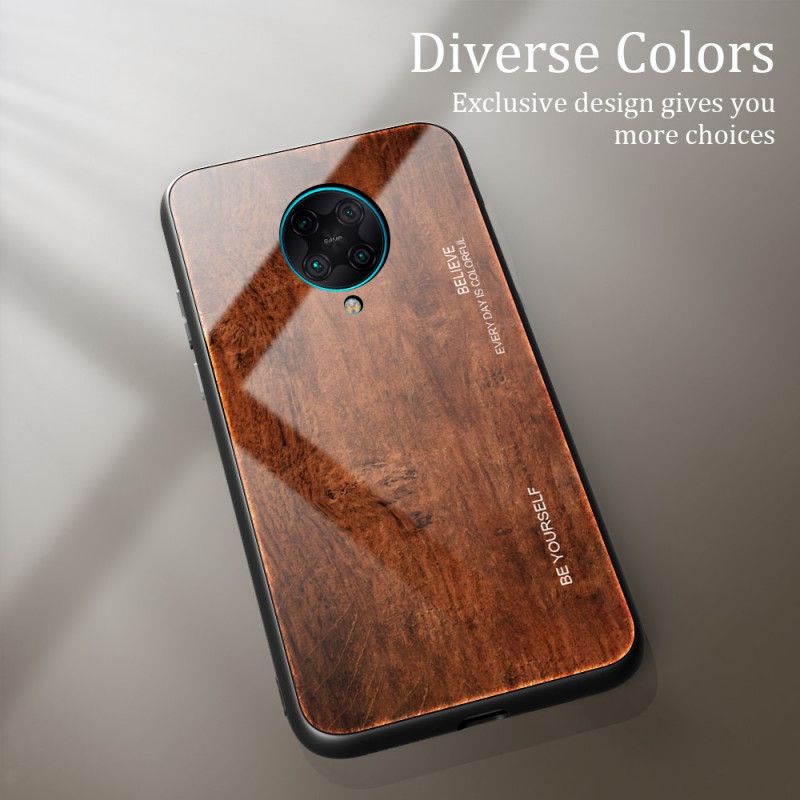 Hoesje Xiaomi Poco F2 Pro Grijs Zwart Houtdessin Gehard Glas