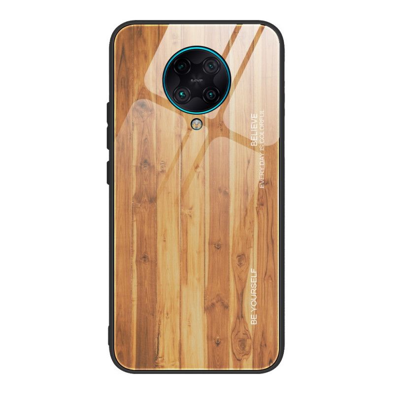 Hoesje Xiaomi Poco F2 Pro Grijs Zwart Houtdessin Gehard Glas