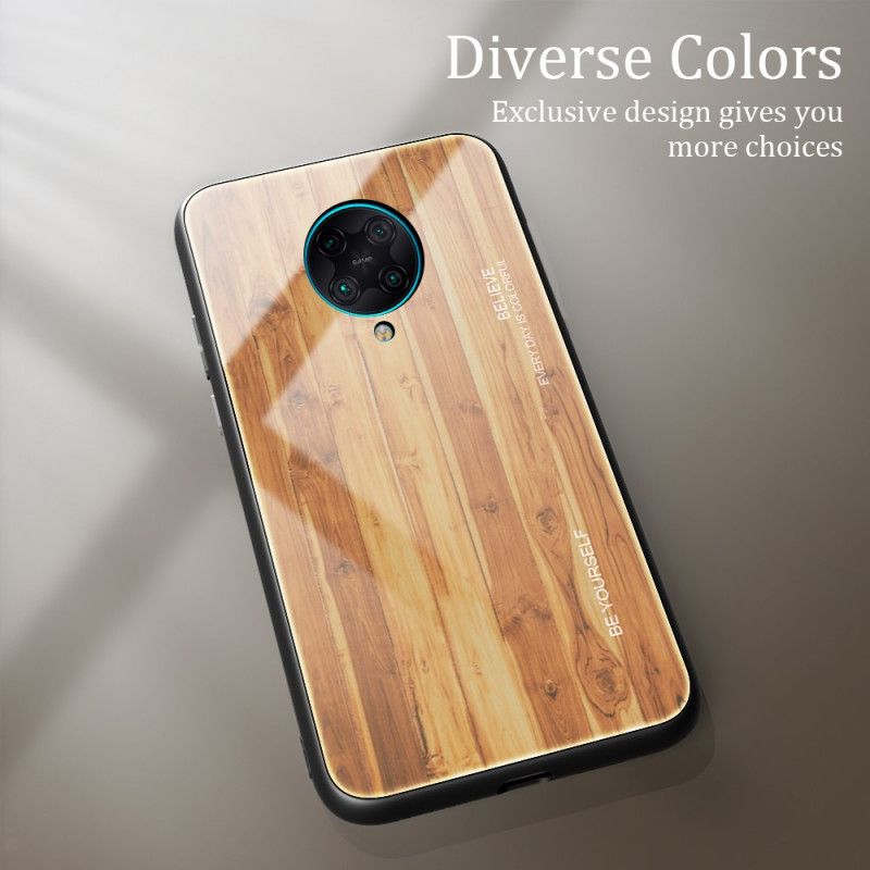 Hoesje Xiaomi Poco F2 Pro Grijs Zwart Houtdessin Gehard Glas