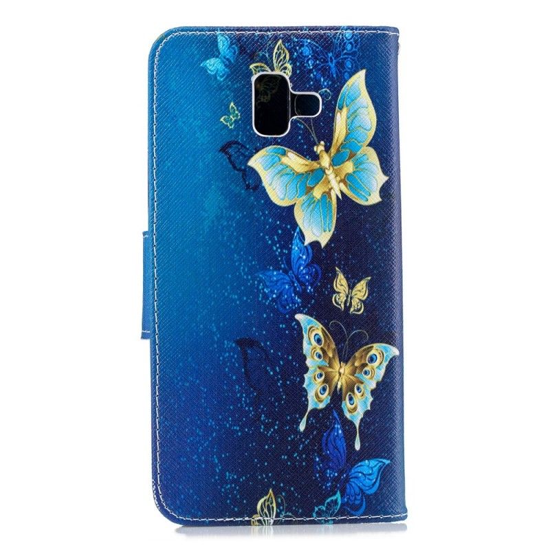 Leren Hoesje Samsung Galaxy J6 Plus Lichtblauw Roze Telefoonhoesje Vlinders In De Nacht