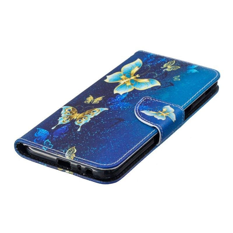 Leren Hoesje Samsung Galaxy J6 Plus Lichtblauw Roze Telefoonhoesje Vlinders In De Nacht