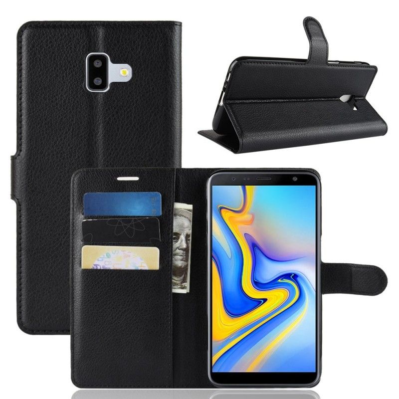 Leren Hoesje Samsung Galaxy J6 Plus Roze Zwart Lychee Kunstleer