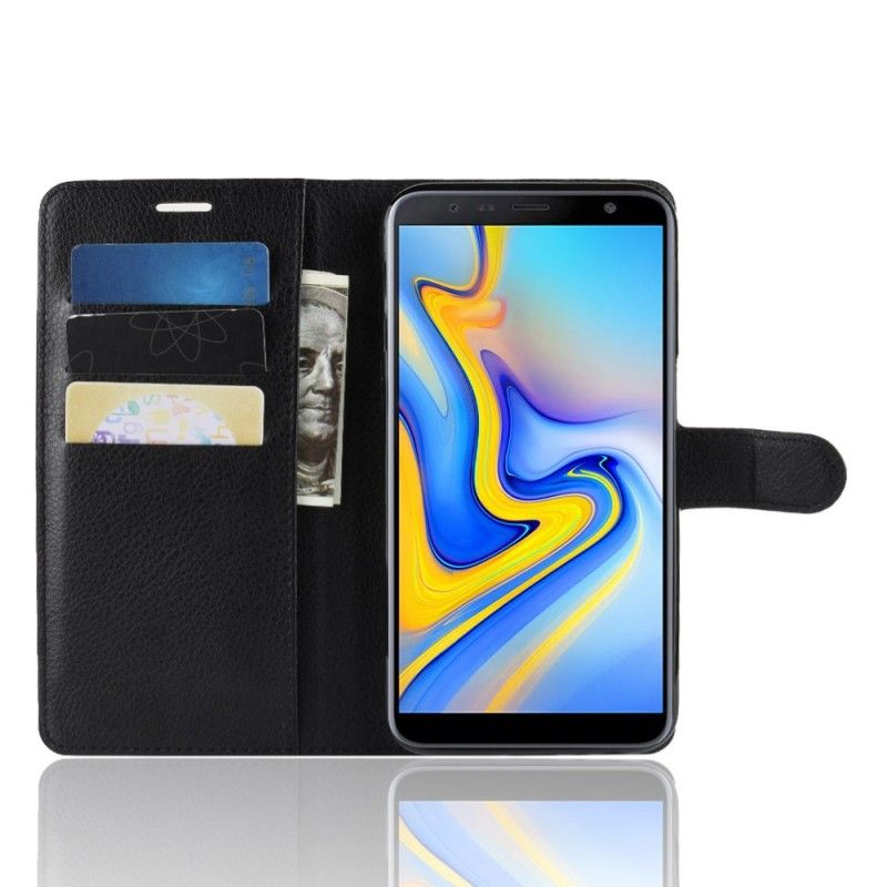Leren Hoesje Samsung Galaxy J6 Plus Roze Zwart Lychee Kunstleer