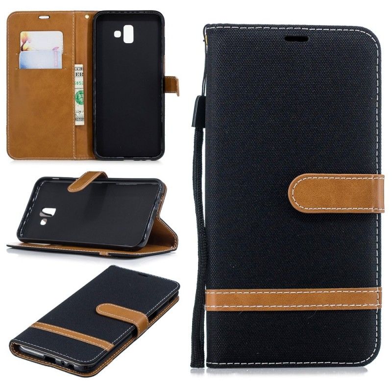 Leren Hoesje voor Samsung Galaxy J6 Plus Grijs Zwart Stof En Leereffect