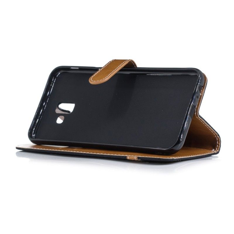 Leren Hoesje voor Samsung Galaxy J6 Plus Grijs Zwart Stof En Leereffect
