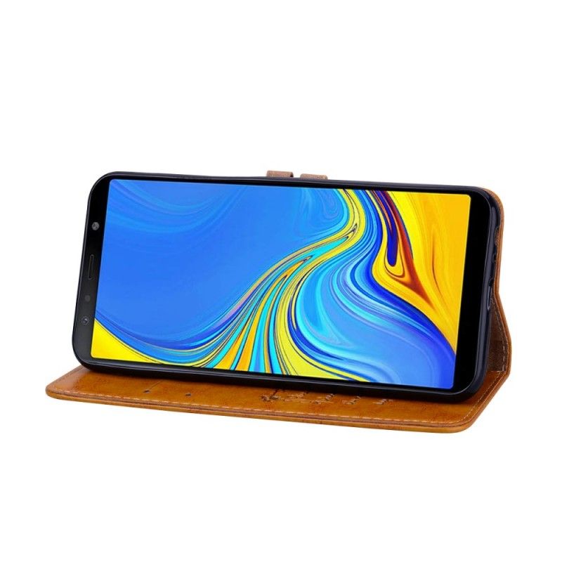 Leren Hoesje voor Samsung Galaxy J6 Plus Rood Zwart Vintage Leereffect Met Riem