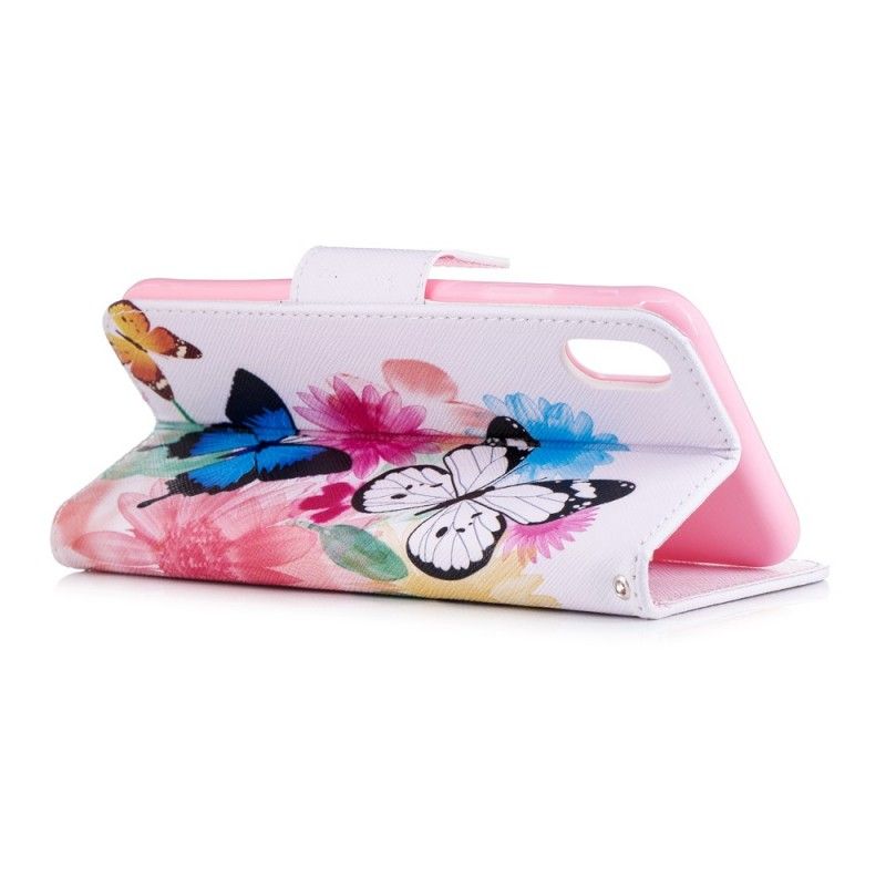 Bescherming Hoesje iPhone XS Max Lichtblauw Roze Geschilderde Vlinders En Bloemen