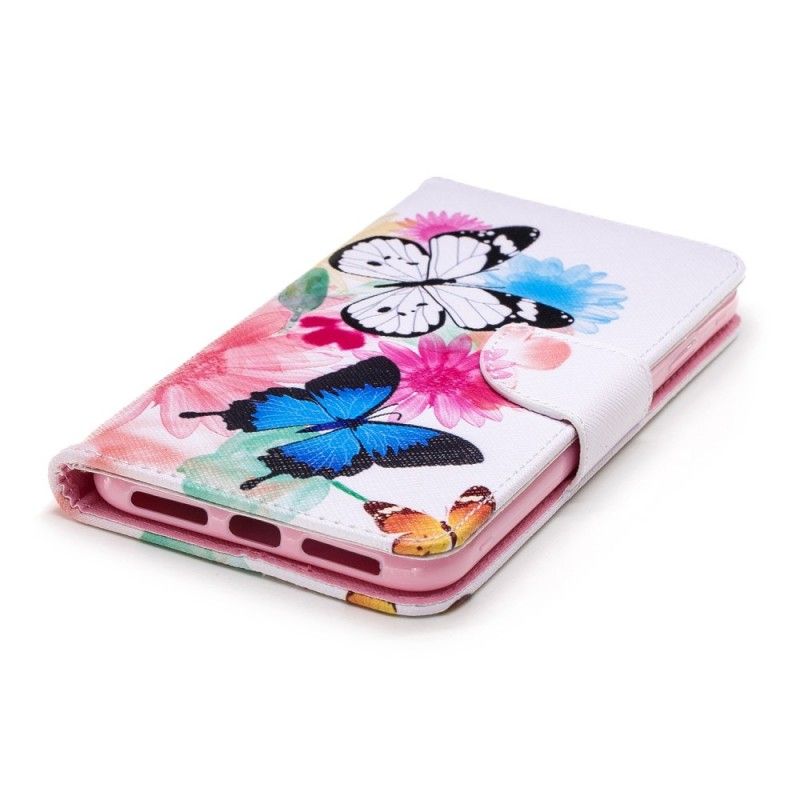 Bescherming Hoesje iPhone XS Max Lichtblauw Roze Geschilderde Vlinders En Bloemen