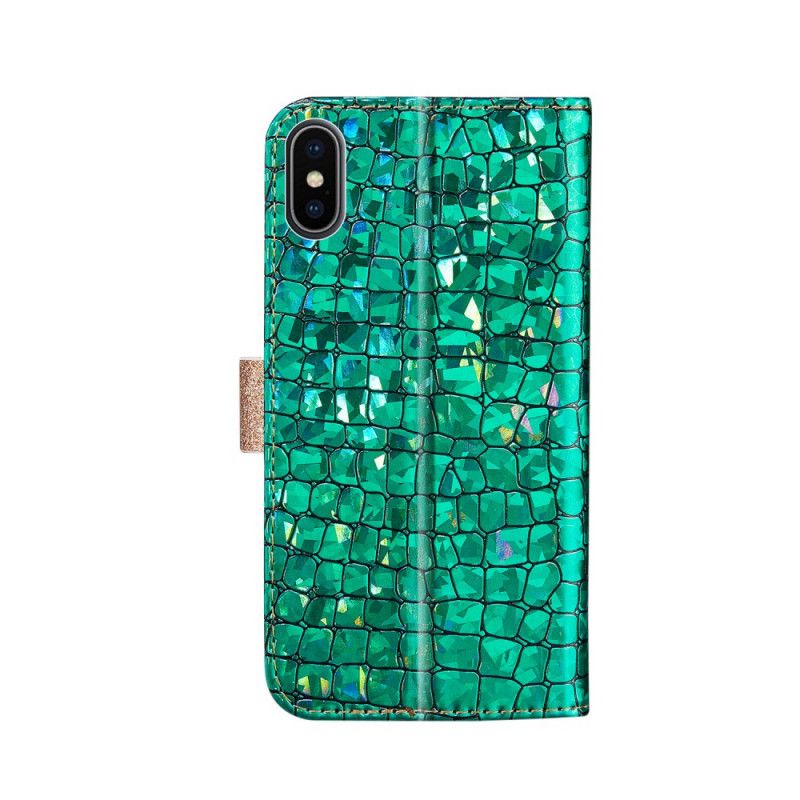 Leren Hoesje iPhone XS Max Goud Telefoonhoesje Krokodil Diamanten