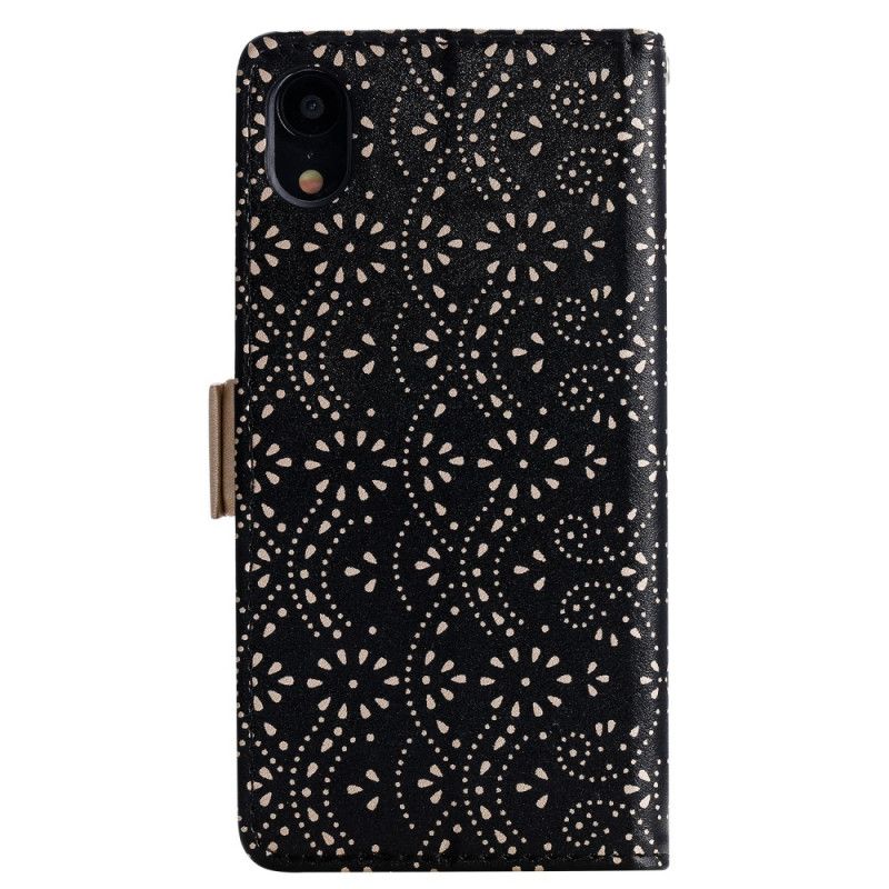 Leren Hoesje iPhone XS Max Magenta Zwart Telefoonhoesje Portemonnee Met Kanten String