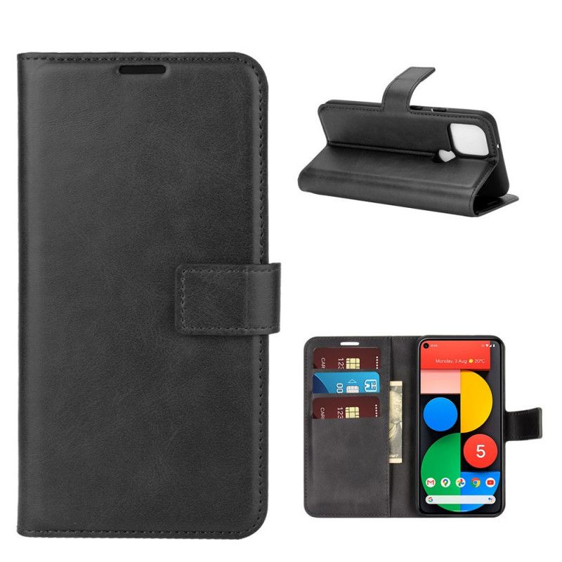 Flip Case Leren Google Pixel 5 Grijs Zwart Extreem Slank Leereffect