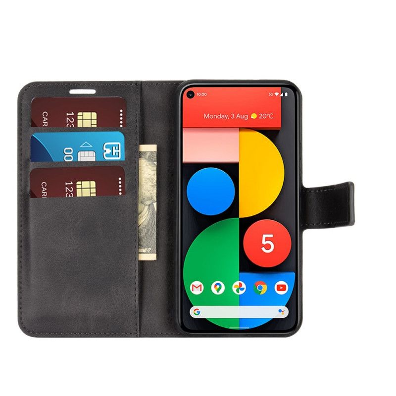 Flip Case Leren Google Pixel 5 Grijs Zwart Extreem Slank Leereffect