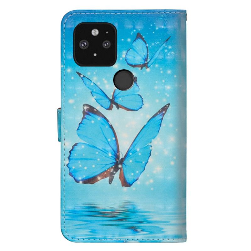 Flip Case Leren Google Pixel 5 Vliegende Blauwe Vlinders