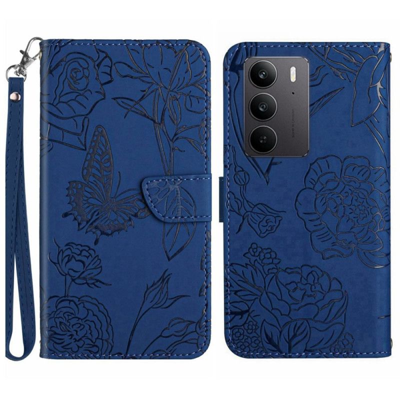 Leren Hoesje Realme C75 Bandje Met Vlinderprint Bescherming Hoesje