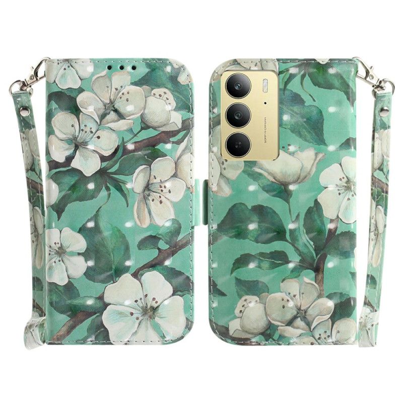 Leren Hoesje Realme C75 Sleutelkoord Met Aquarelbloemen Bescherming Hoesje