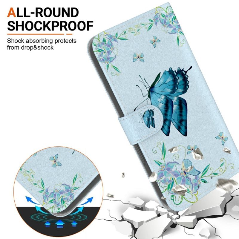 Leren Hoesje Voor Realme C75 Blauwe Vlinder En Bloemen