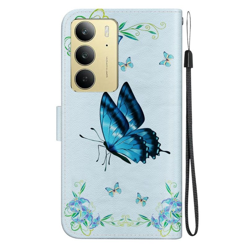 Leren Hoesje Voor Realme C75 Blauwe Vlinder En Bloemen