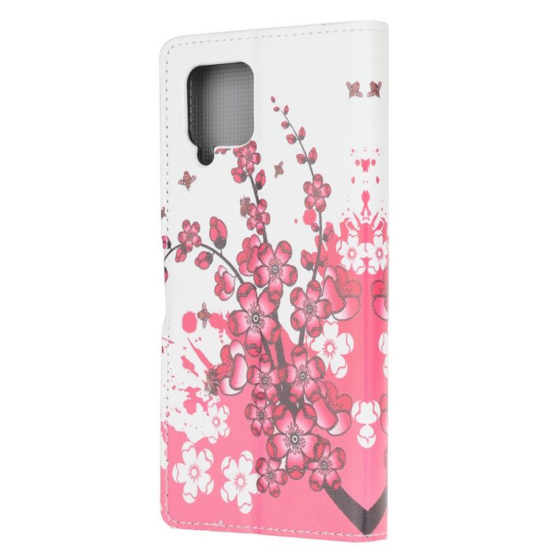 Flip Case Leren Samsung Galaxy A42 5G Roze Magenta Tropische Bloemen
