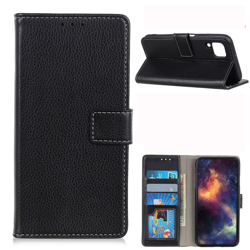 Flip Case Leren Samsung Galaxy A42 5G Wit Zwart Gestikt Imitatieleer