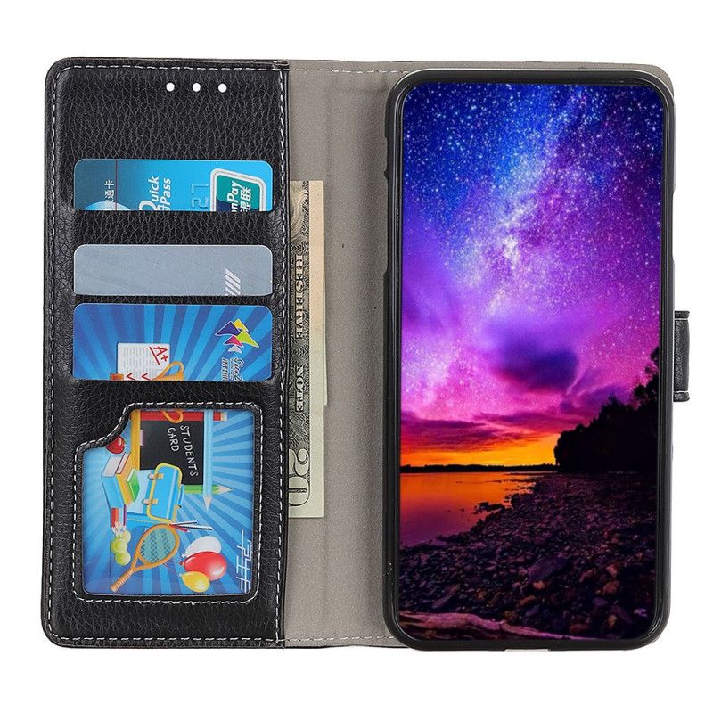 Flip Case Leren Samsung Galaxy A42 5G Wit Zwart Gestikt Imitatieleer