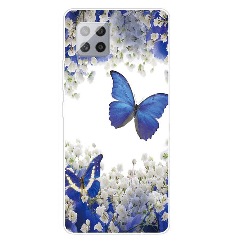 Hoesje Samsung Galaxy A42 5G Goud Donkerblauw Design Vlinders