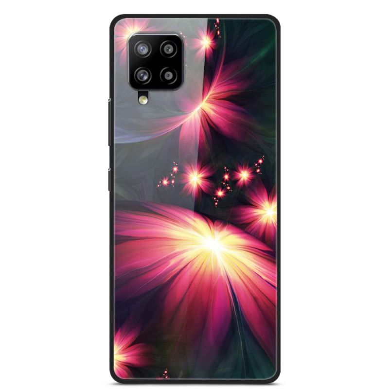 Hoesje voor Samsung Galaxy A42 5G Donkerblauw Rood Decoratieve Bloemen Van Gehard Glas