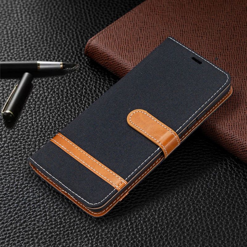 Leren Hoesje Samsung Galaxy A42 5G Grijs Zwart Stof En Leereffect Met String