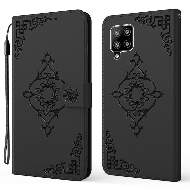 Leren Hoesje Samsung Galaxy A42 5G Rood Zwart Barokke Bloem Met Riempje
