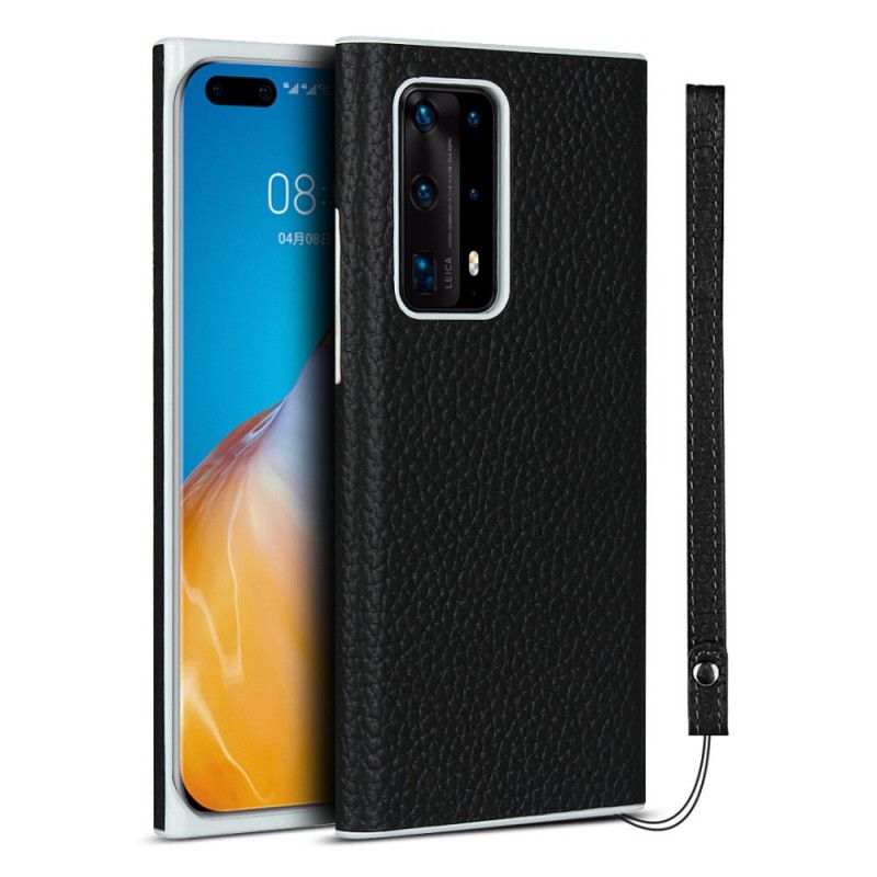 Hoesje Huawei P40 Pro Plus Grijs Zwart Echt Lychee Leer Met Riempje