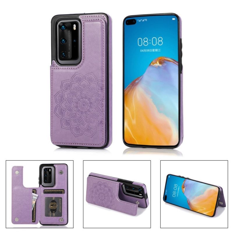 Hoesje voor Huawei P40 Pro Plus Cyaan Grijs Kaarthouder Met Mandala-Print