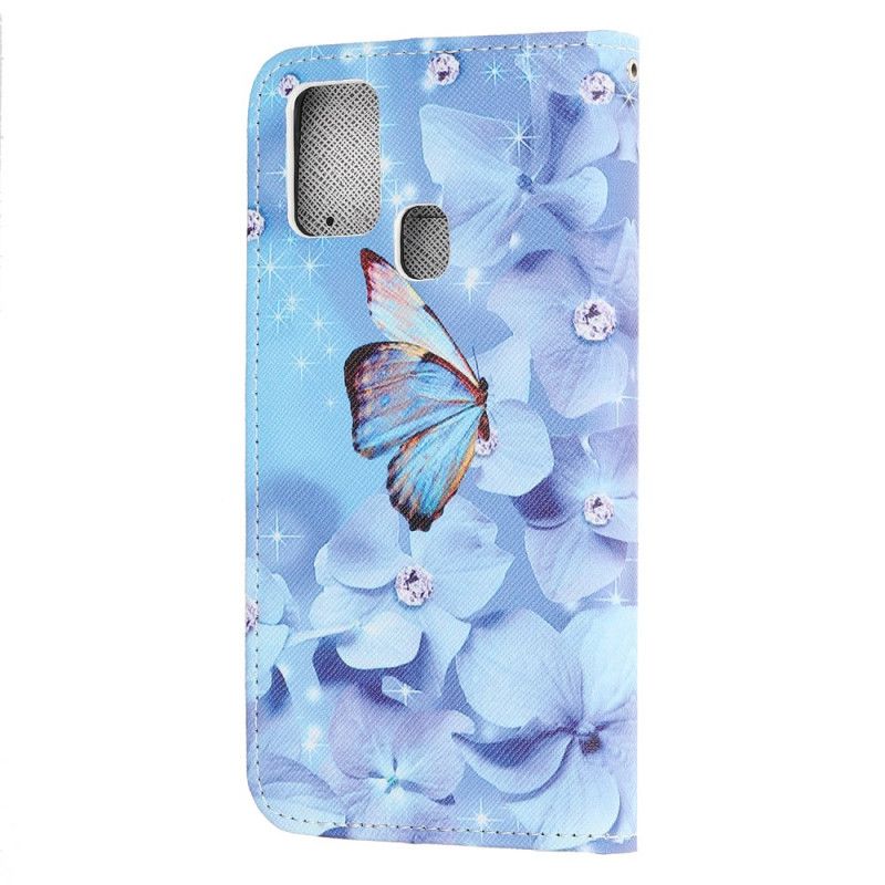 Bescherming Hoesje Samsung Galaxy A21s Telefoonhoesje Diamanten Vlinders Met String